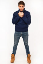 tamno plavi ručno pleteni vuneni džemper sa kragnom i rasjferšlusom - ručno pleteni proizvodi od vune - wool art