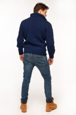 tamno plavi ručno pleteni vuneni džemper sa kragnom i rasjferšlusom - ručno pleteni proizvodi od vune - wool art