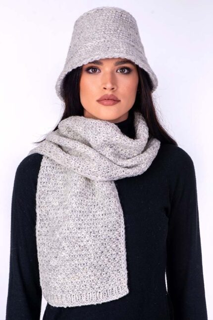 sivi ručno pleteni vuneni šal i šešir komplet set - ručno pleteni proizvodi od vune - wool art