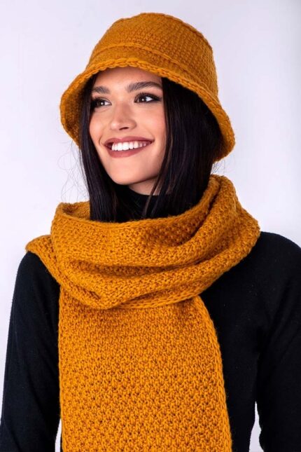 žuti ručno pleteni vuneni šal i šešir komplet set - ručno pleteni proizvodi od vune - wool art