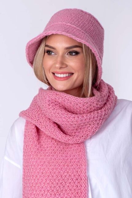 baby roze ručno pleteni vuneni šal i šešir komplet set - ručno pleteni proizvodi od vune - wool art