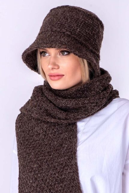 braon ručno pleteni vuneni šal i šešir komplet set - ručno pleteni proizvodi od vune - wool art