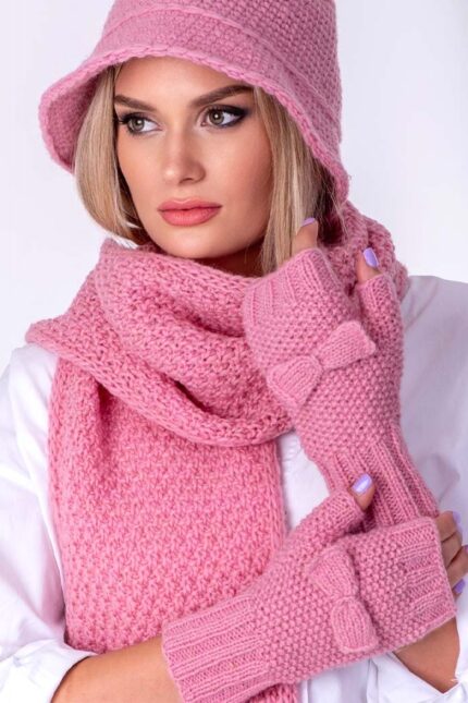 baby roze ručno pleteni vuneni šal kapa i rukavice bez prstijukomplet set - ručno pleteni proizvodi od vune - wool art