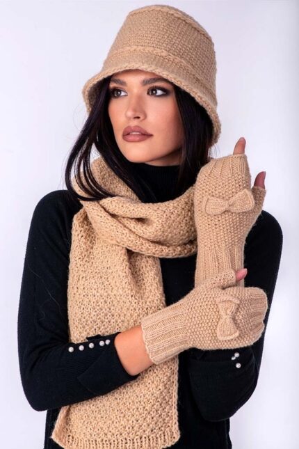 krem ručno pleteni vuneni šal kapa i rukavice bez prstijukomplet set - ručno pleteni proizvodi od vune - wool art