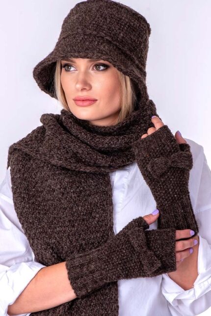 braon ručno pleteni vuneni šal kapa i rukavice bez prstijukomplet set - ručno pleteni proizvodi od vune - wool art
