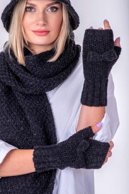 tamno sivi ručno pleteni vuneni šal kapa i rukavice bez prstijukomplet set - ručno pleteni proizvodi od vune - wool art