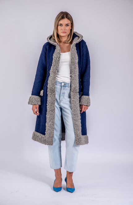 teget sivi dugački ručno pleteni ženski vuneni kaput sa kapuljačom - ručno pleteni proizvodi od vune - wool art