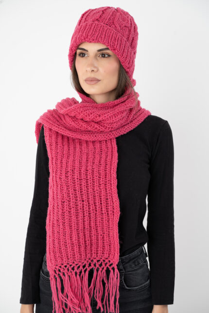 roze ručno pleteni vuneni šal kapa komplet set - ručno pleteni proizvodi od vune - wool art