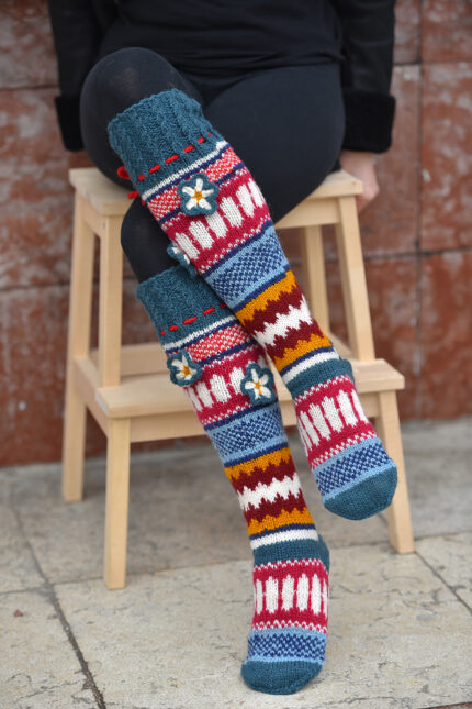 tirkiz šarene ručno pletene vunene čarape - ručno pleteni proizvodi od vune - wool art